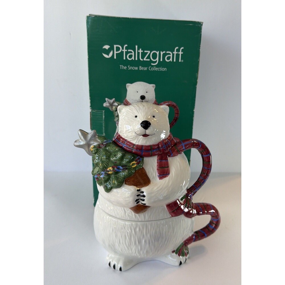 Pfaltzgraff Christmas Snow Bear TEA FOR ONE 8" Teapot Stack Mug Cup Vintage Box